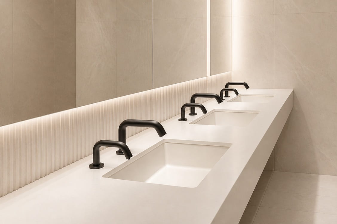 Durable Fontana faucet finish maintaining appearance after frequent commercial restroom cleaning routines